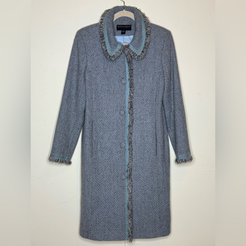 Bernardo Light Blue Wool Herringbone Coat | Velvet & Fringe Trim | Size 10